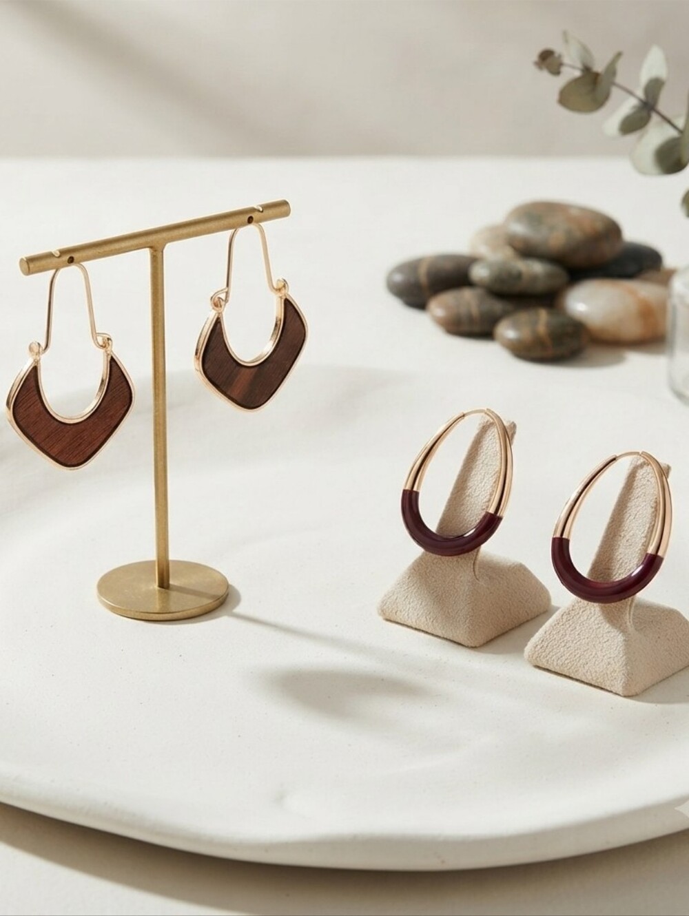 Gold-Tone and Brown Wood Accent Hoop Earrings Sets